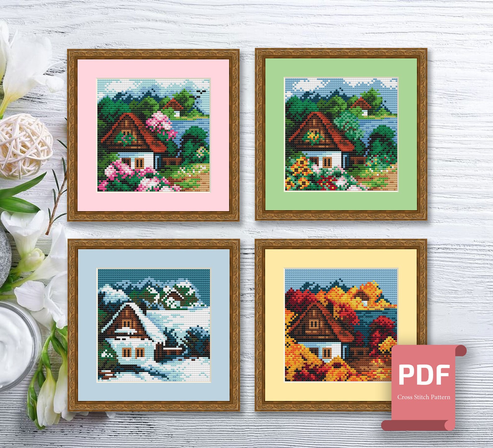 Set of 4 Seasons Landscape Cross Stitch Pattern | Seasons Cross Stitch ...