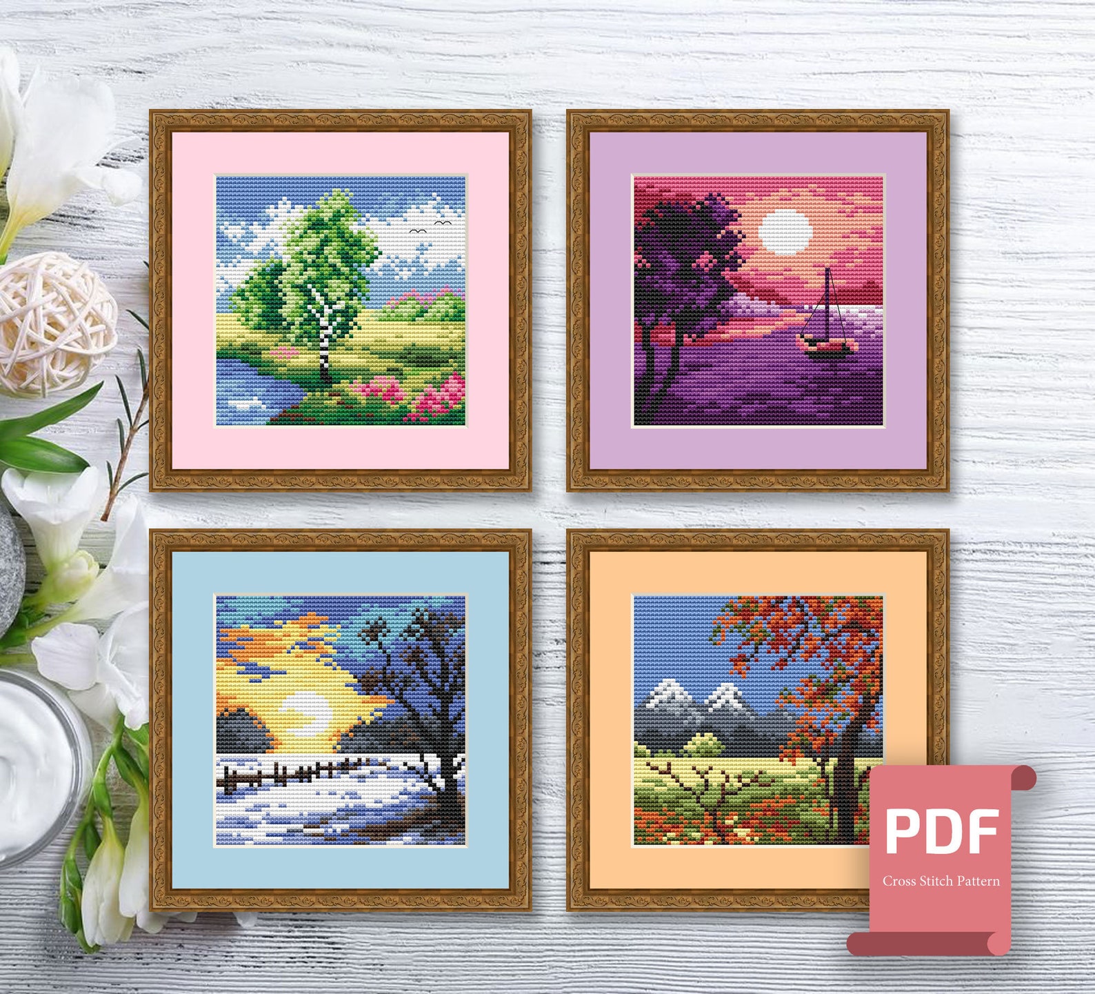 Set of 4 Seasons Landscape Cross Stitch Pattern | Seasons Cross Stitch ...