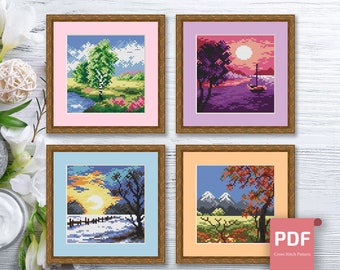 Set of 4 Seasons Landscape Cross Stitch Pattern | Seasons Cross Stitch Pattern | Four Seasons | Modern Cross Stitch | Download PDF #ssn190
