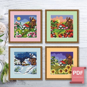 Set of 4 Seasons Landscape Cross Stitch Pattern | Seasons Cross Stitch Pattern | Four Seasons | Modern Cross Stitch | Download PDF #ssn165
