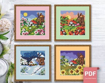 Set of 4 Seasons Landscape Cross Stitch Pattern | Seasons Cross Stitch Pattern | Four Seasons | Modern Cross Stitch | Download PDF #ssn165