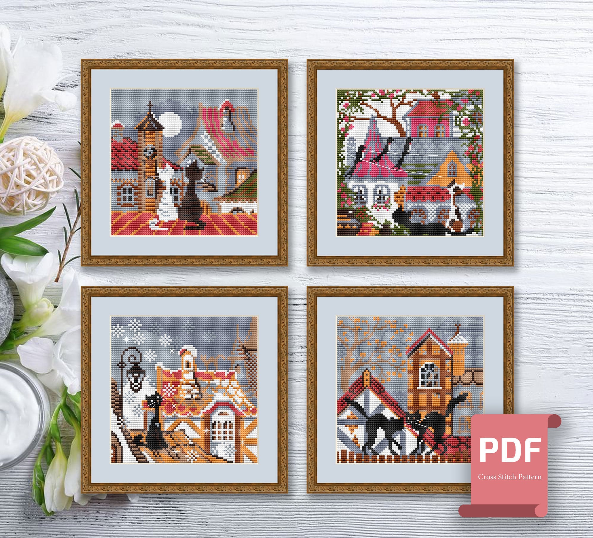 Set of 4 Seasons Cats Cross Stitch Pattern | Four Seasons Cross Stitch ...