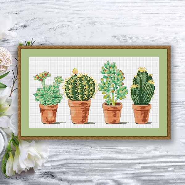 Four Cacti Cross Stitch Pattern | Cactus Cross Stitch Pattern | Potted Plants Cross Stitch | Modern Cross Stitch | Download PDF #flc001