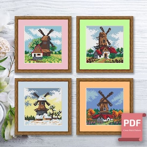 Set of 4 Seasons Windmills Cross Stitch Pattern | Seasons Cross Stitch Pattern | Four Seasons | Modern Cross Stitch | Download PDF #ssn160