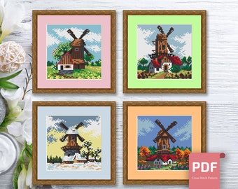 Set of 4 Seasons Windmills Cross Stitch Pattern | Seasons Cross Stitch Pattern | Four Seasons | Modern Cross Stitch | Download PDF #ssn160