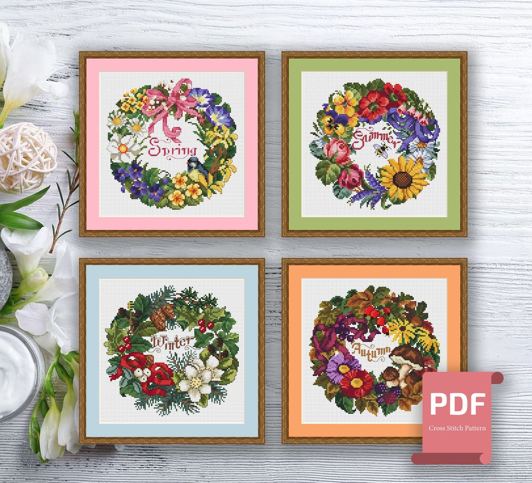 Set of 4 Seasons Cross Stitch Pattern Autumn Cross Stitch Summer Cross
