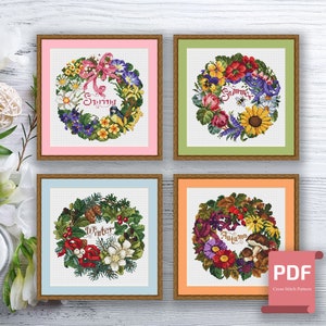 Set of 4 Seasons Cross Stitch Pattern | Autumn Cross Stitch | Summer Cross Stitch | Modern Cross Stitch Pattern | Download PDF #ssn040