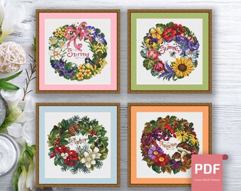 Set of 4 Seasons Cross Stitch Pattern | Autumn Cross Stitch | Summer Cross Stitch | Modern Cross Stitch Pattern | Download PDF #ssn040