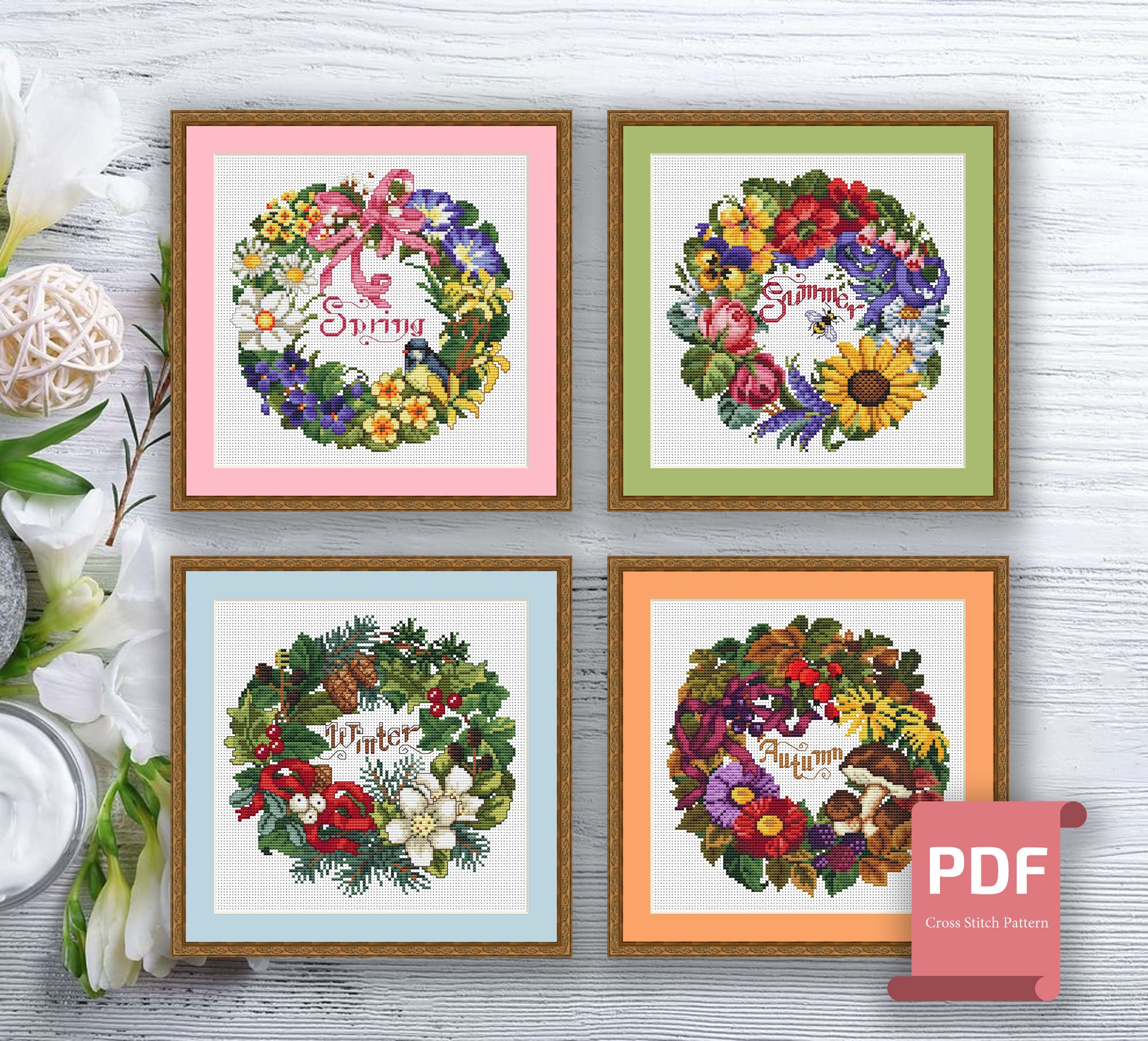 Set of 4 Seasons Cross Stitch Pattern | Autumn Cross Stitch | Summer ...