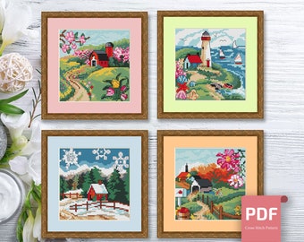 Set of 4 Seasons Landscape Cross Stitch Pattern | Seasons Cross Stitch Pattern | Four Seasons | Modern Cross Stitch | Download PDF #ssn140