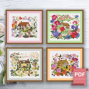 Set of 4 Seasons Houses Cross Stitch Pattern | Seasons Cross Stitch Pattern | Four Seasons | Modern Cross Stitch | Download PDF #ssn210