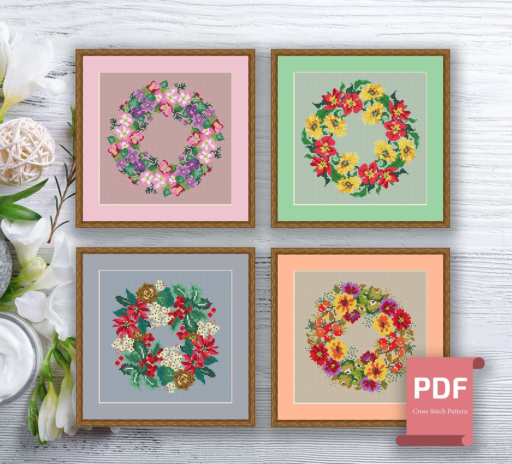 Set of 4 Seasons Cross Stitch Pattern | Autumn Cross Stitch | Summer ...