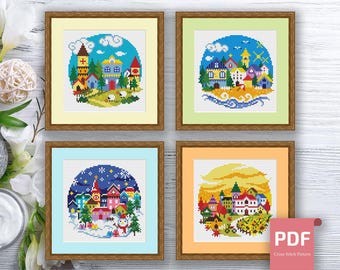 Set of 4 Seasons Landscape Cross Stitch Patterns | Seasons Cross Stitch Pattern | Four Seasons | Modern Cross Stitch | Download PDF #ssn230