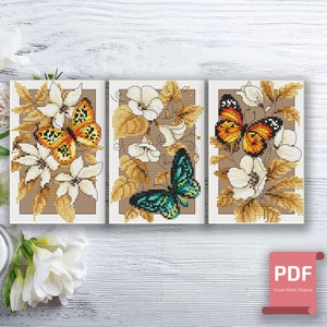 Set of 3 Flowers And Butterflies Cross Stitch Pattern | Flowers Cross Stitch Pattern | Butterflies xStitch | Download PDF #flc013