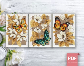 Set of 3 Flowers And Butterflies Cross Stitch Pattern | Flowers Cross Stitch Pattern | Butterflies xStitch | Download PDF #flc013