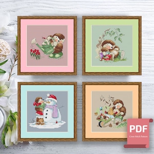 Set of 4 Seasons Hedgehogs Cross Stitch Pattern | Autumn Cross Stitch | Summer Cross Stitch | Modern Cross Stitch | Download PDF #ssn115