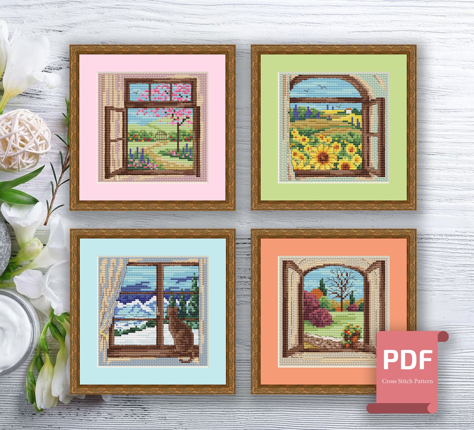 Set of 4 Seasons Cross Stitch Pattern | Autumn Cross Stitch | Summer ...