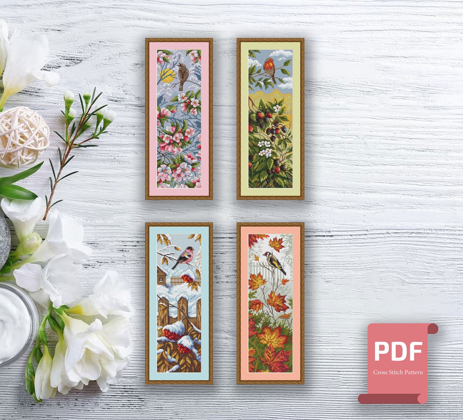 Set of 4 Seasons Birds Cross Stitch Pattern | Autumn Cross Stitch ...