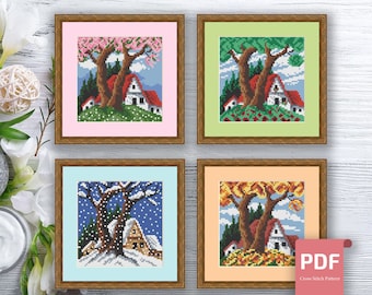 Set of 4 Seasons Landscape Cross Stitch Pattern | Seasons Cross Stitch Pattern | Four Seasons | Modern Cross Stitch | Download PDF #ssn100