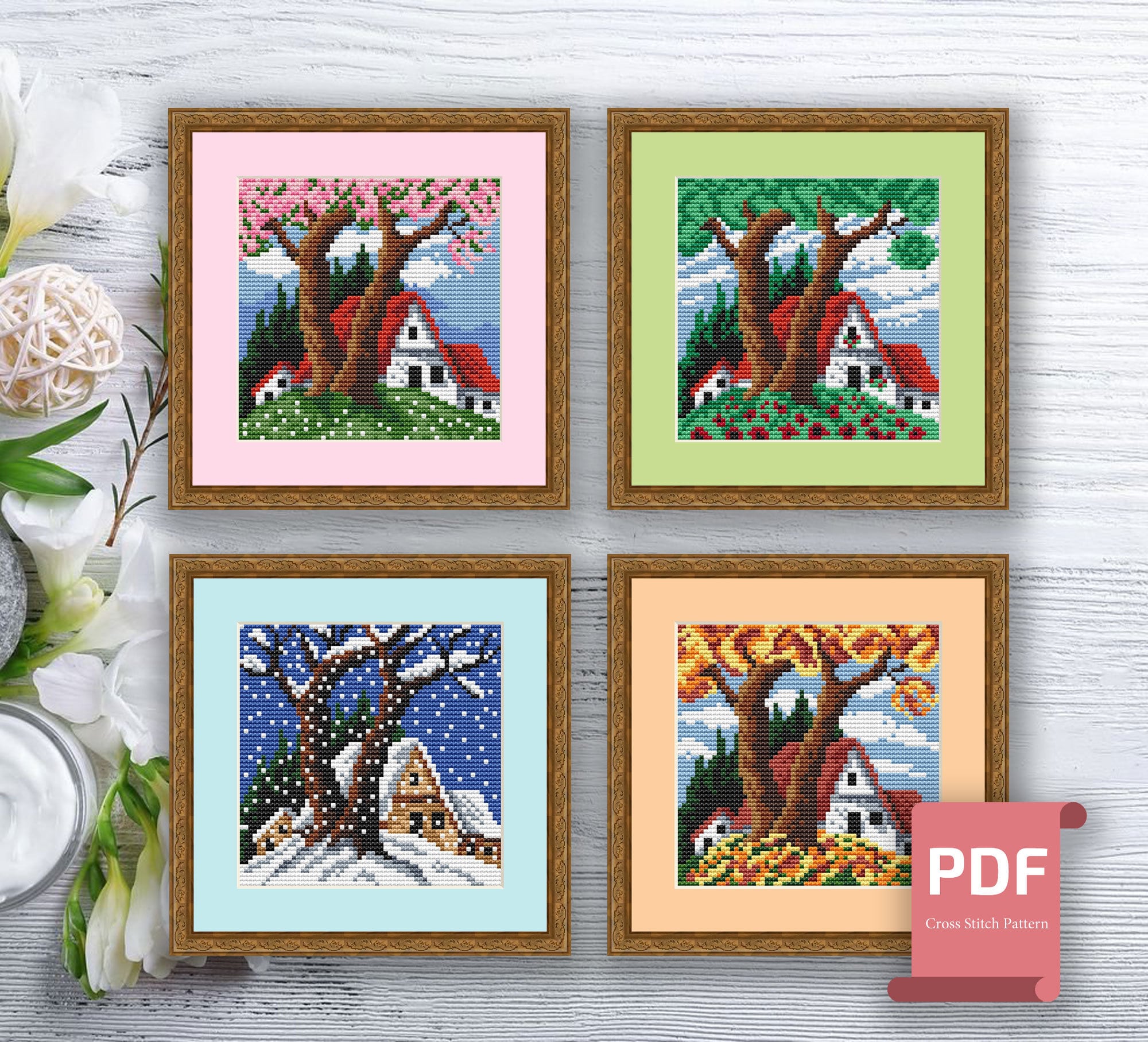 Set of 4 Seasons Landscape Cross Stitch Pattern | Seasons Cross Stitch ...