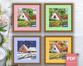 Set of 4 Seasons Landscape Cross Stitch Pattern | Seasons Cross Stitch Pattern | Four Seasons | Modern Cross Stitch | Download PDF #ssn085