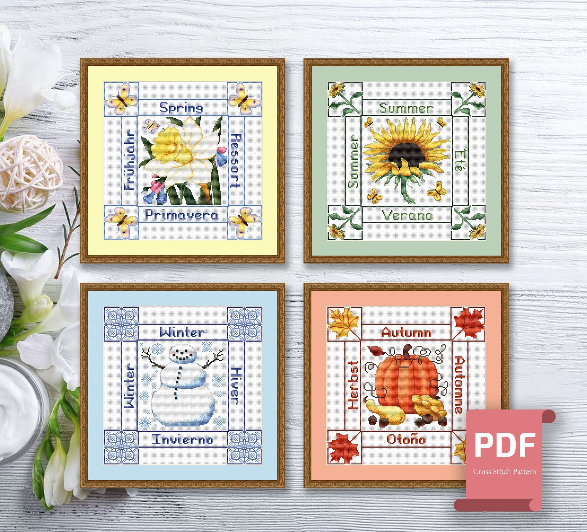 Set of 4 Seasons Cross Stitch Pattern | Seasons Cross Stitch Pattern ...