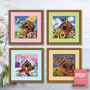 Set of 4 Seasons Birdhouses Cross Stitch Pattern | Seasons Cross Stitch Pattern | Four Seasons | Modern Cross Stitch | Download PDF #ssn155