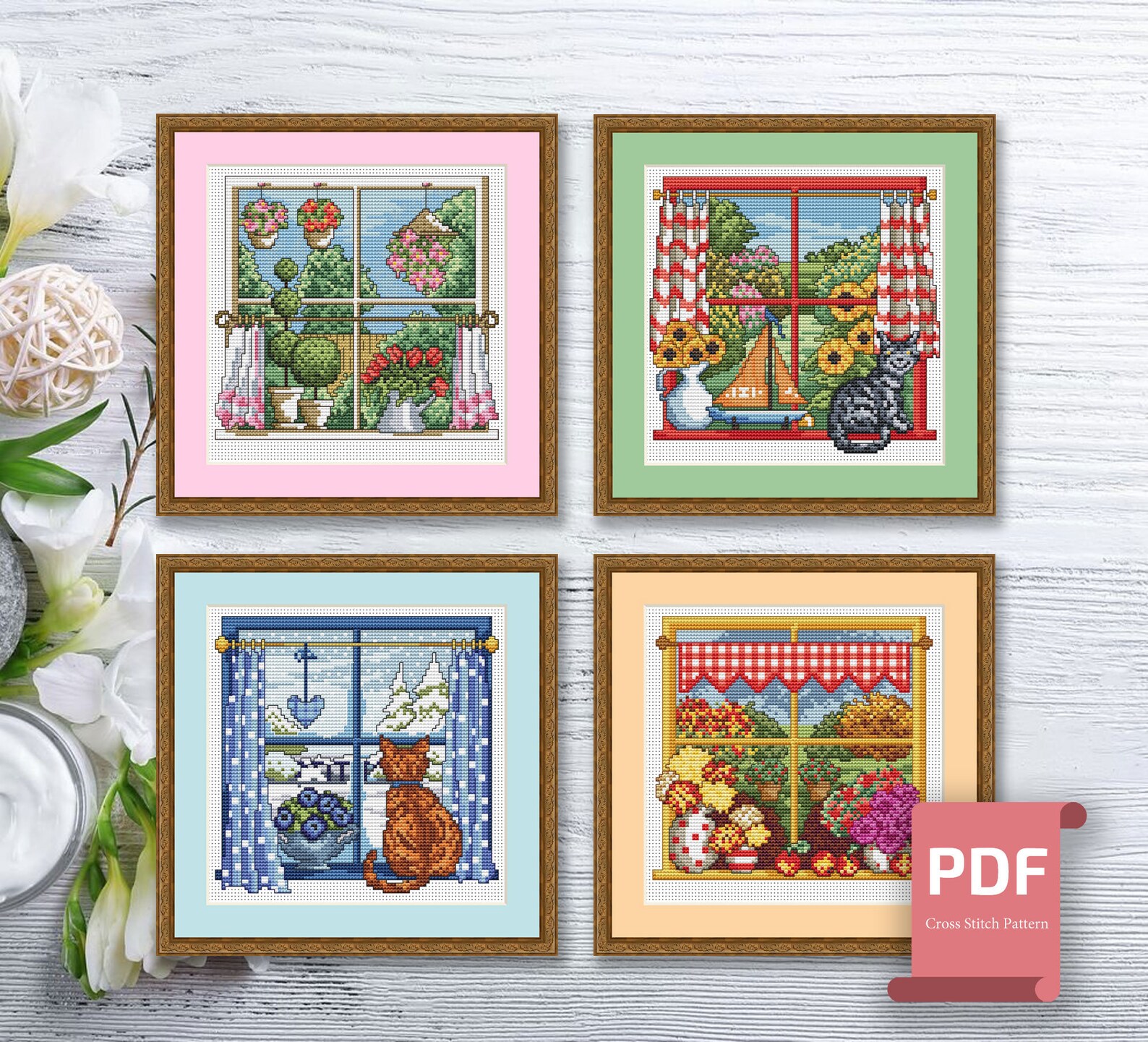 Set of 4 Seasons Cross Stitch Pattern Autumn Cross Stitch Summer Cross Stitch Four Seasons Cross