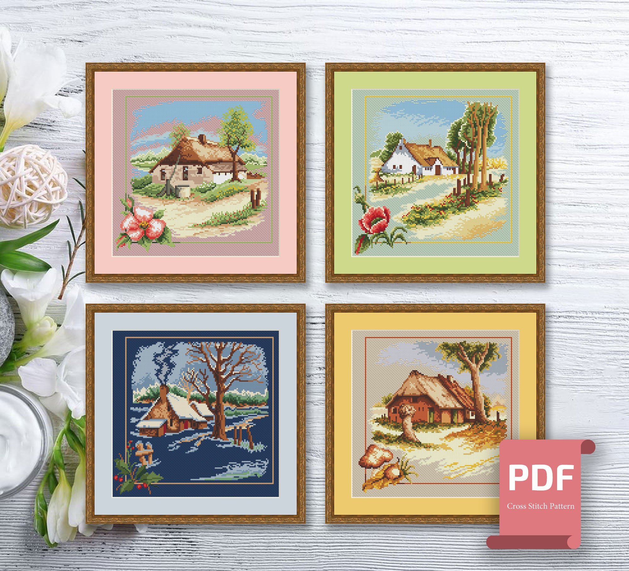 Set of 4 Seasons Landscape Cross Stitch Pattern | Seasons Cross Stitch ...