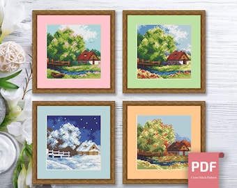 Set of 4 Seasons Landscape Cross Stitch Pattern | Seasons Cross Stitch Pattern | Four Seasons | Modern Cross Stitch | Download PDF #ssn235