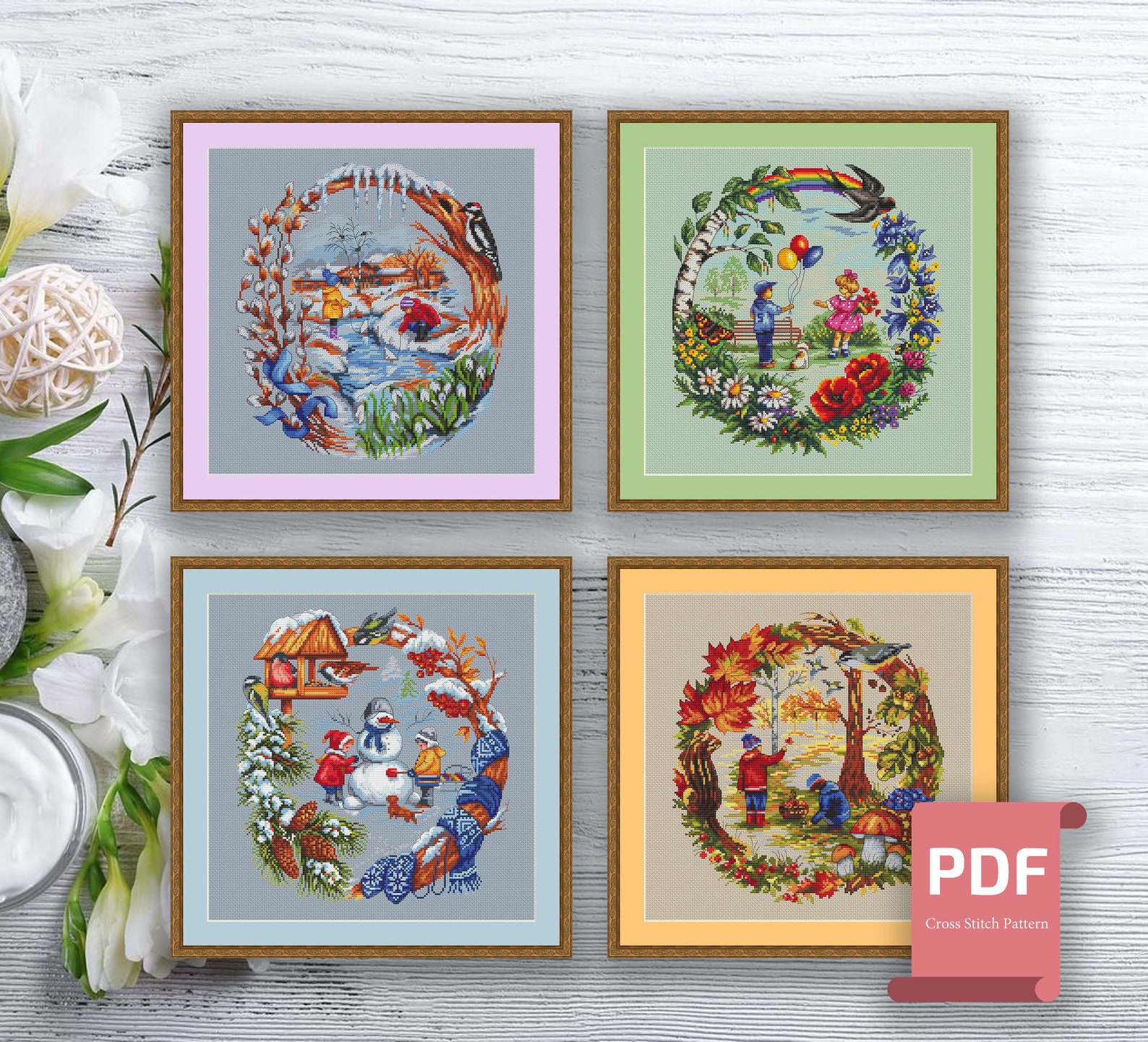 Set of 4 Seasons Cross Stitch Pattern | Seasons Cross Stitch Pattern ...