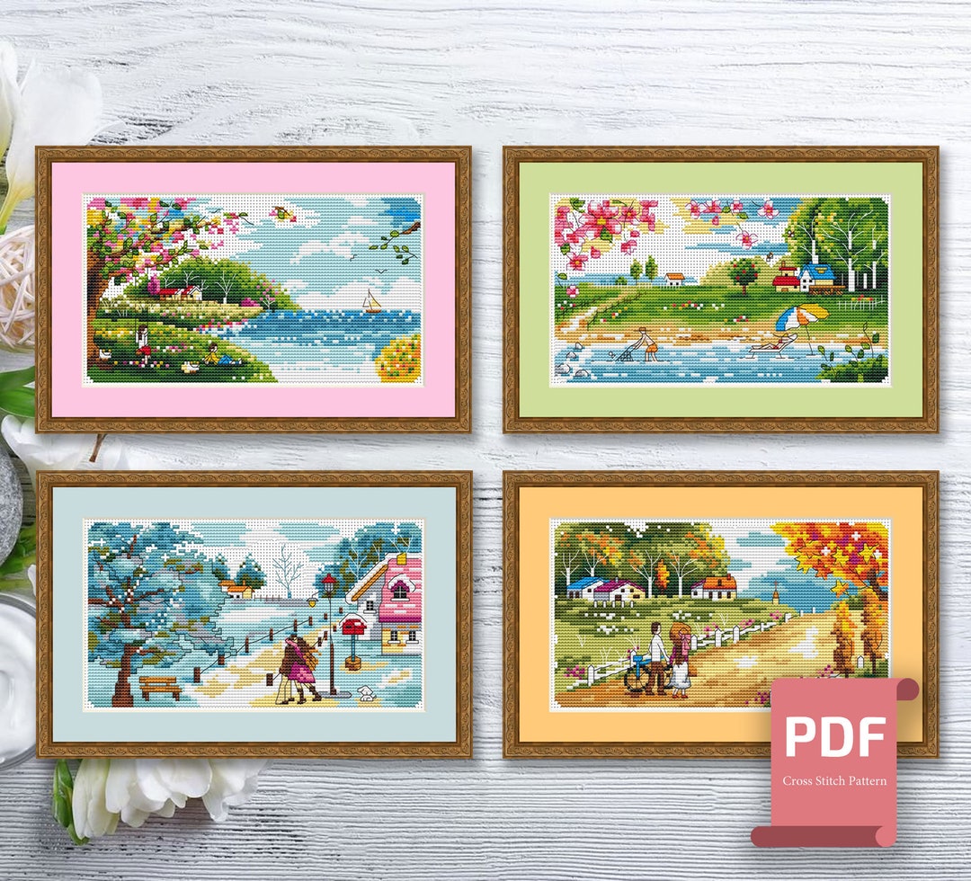 Set of 4 Seasons Landscape Cross Stitch Pattern | Seasons Cross Stitch ...