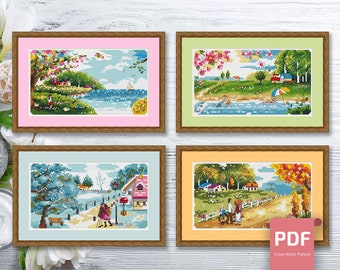 Set of 4 Seasons Landscape Cross Stitch Pattern | Seasons Cross Stitch Pattern | Four Seasons | Modern Cross Stitch | Download PDF #ssn130