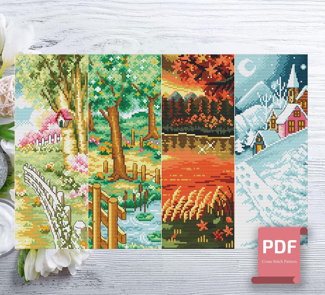 Set of 4 Seasons Landscape Cross Stitch Pattern | Seasons Cross Stitch ...