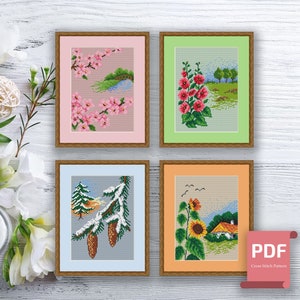 Set of 4 Seasons Cross Stitch Pattern | Autumn Cross Stitch | Summer Cross Stitch | Modern Cross Stitch Pattern | Download PDF #ssn025