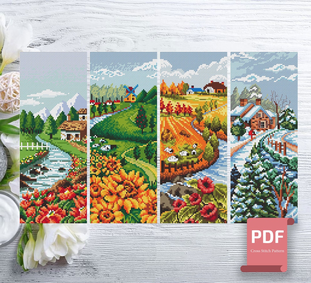 Set of 4 Seasons Landscape Cross Stitch Pattern | Seasons Cross Stitch ...