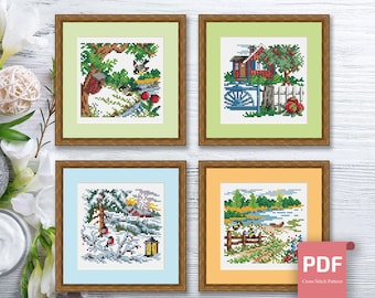 Set of 4 Seasons Landscape Cross Stitch Pattern | Seasons Cross Stitch Pattern | Four Seasons | Modern Cross Stitch | Download PDF #ssn120