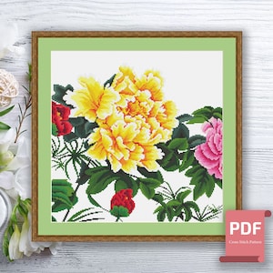 Peonies Cross Stitch Pattern | Flowers Cross Stitch Pattern | Peonies Pattern | Peonies xStitch | Modern Cross Stitch | Download PDF #flc007