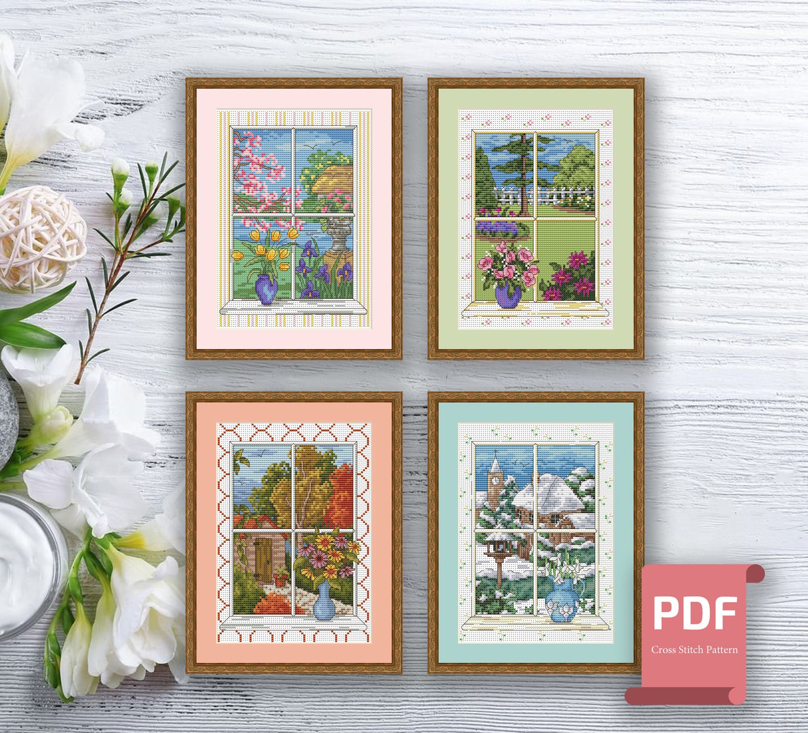 Set of 4 Seasons Cross Stitch Pattern | Autumn Cross Stitch | Summer ...