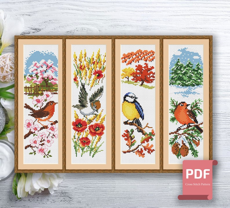 Set of 4 Seasons Birds Cross Stitch Pattern | Autumn Cross Stitch ...