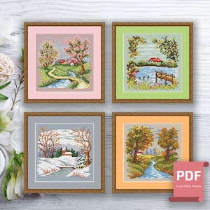 Set of 4 Seasons Landscape Cross Stitch Pattern | Seasons Cross Stitch Pattern | Four Seasons | Modern Cross Stitch | Download PDF #ssn050
