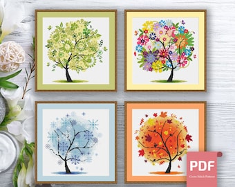 Set of 4 Seasons Trees Cross Stitch Pattern | Tree Four Seasons Cross Stitch | Modern Cross Stitch Pattern | Download PDF #ssn035