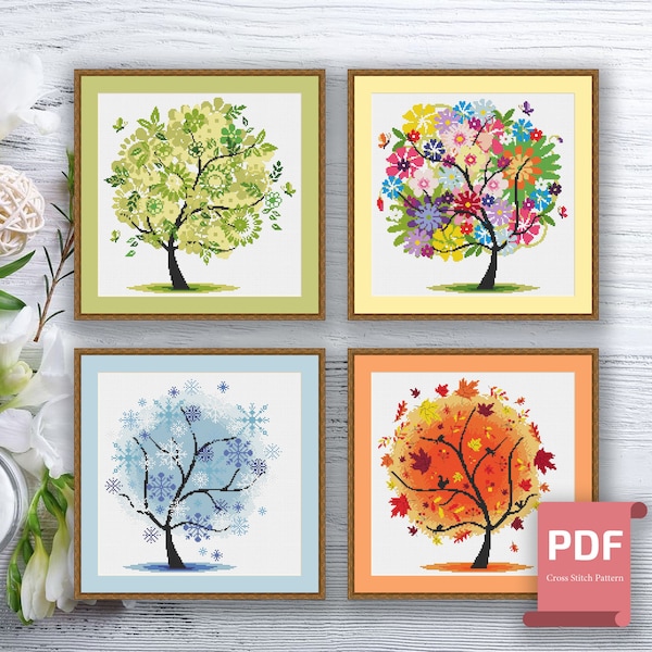 Set di 4 alberi delle stagioni con schema a punto croce / Albero delle quattro stagioni con schema a punto croce / Schema a punto croce moderno / Scarica PDF #ssn035