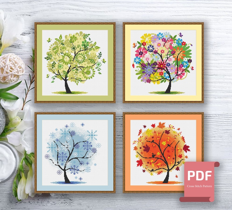 Set of 4 Seasons Trees Cross Stitch Pattern Tree Four Etsy