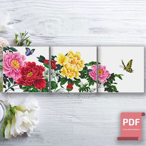 Set of Peonies Cross Stitch Pattern | Flowers Cross Stitch Pattern | Peonies | Peonies xStitch | Modern Cross Stitch | Download PDF #flc009