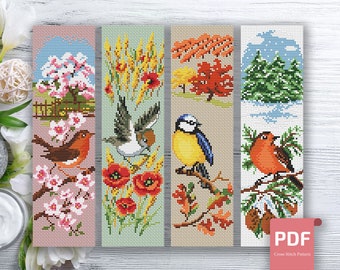 Set of 4 Seasons Birds Cross Stitch Pattern | Autumn Cross Stitch | Summer Cross Stitch | Modern Cross Stitch Pattern | Download PDF #ssn030