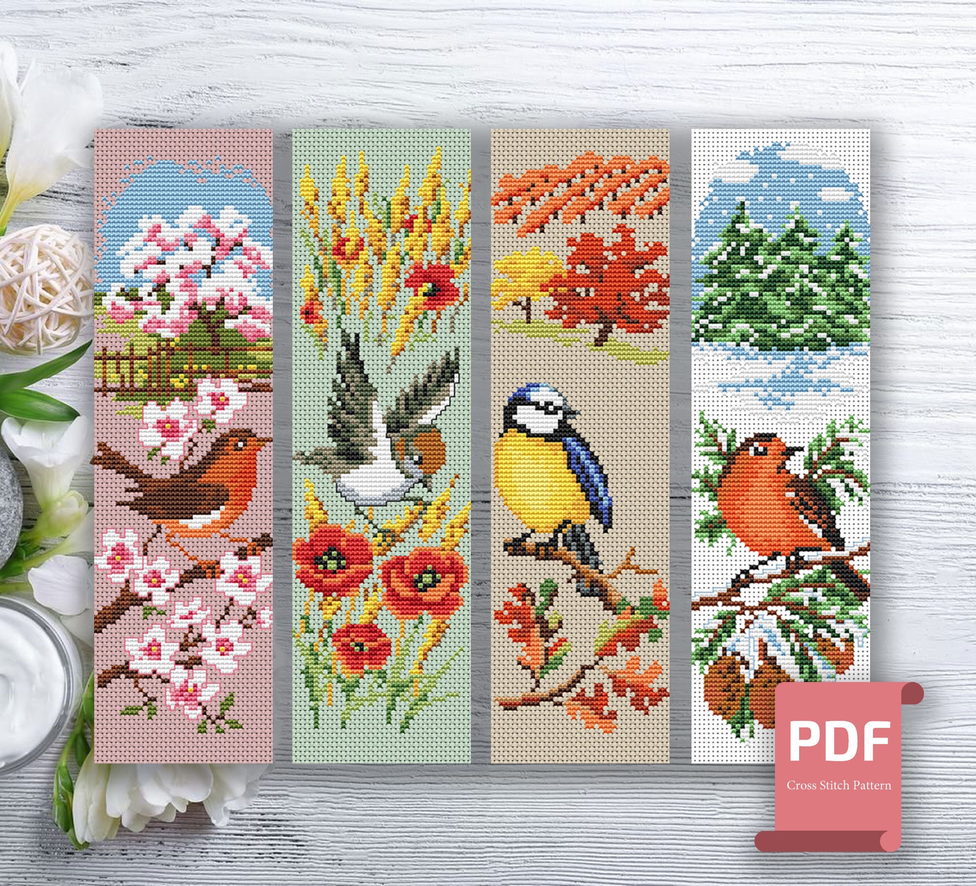 Set of 4 Seasons Birds Cross Stitch Pattern | Autumn Cross Stitch ...