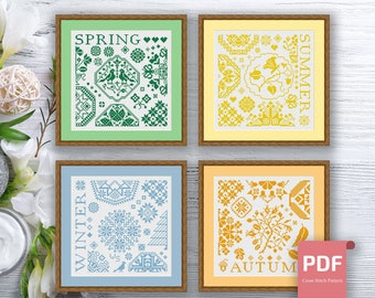 Set of 4 Seasons Cross Stitch Pattern | Autumn Cross Stitch | Summer Cross Stitch | Modern Cross Stitch Pattern | Download PDF #ssn020