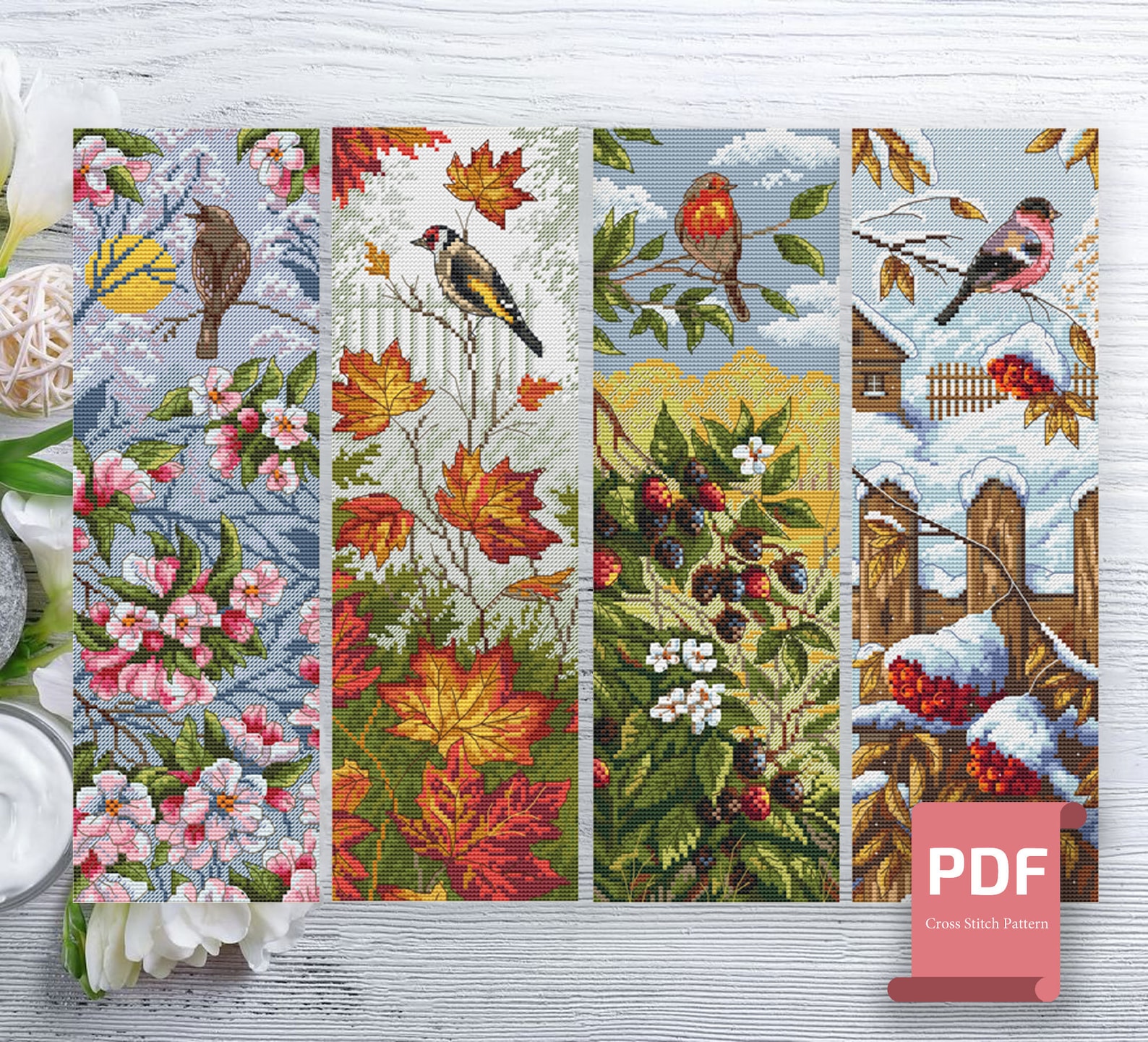 Set of 4 Seasons Birds Cross Stitch Pattern | Autumn Cross Stitch ...