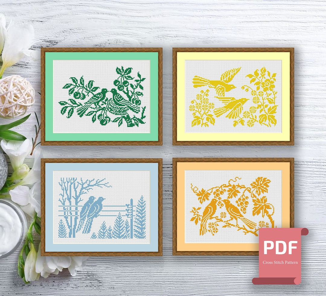 Set of 4 Seasons Birds Cross Stitch Pattern | Autumn Cross Stitch ...